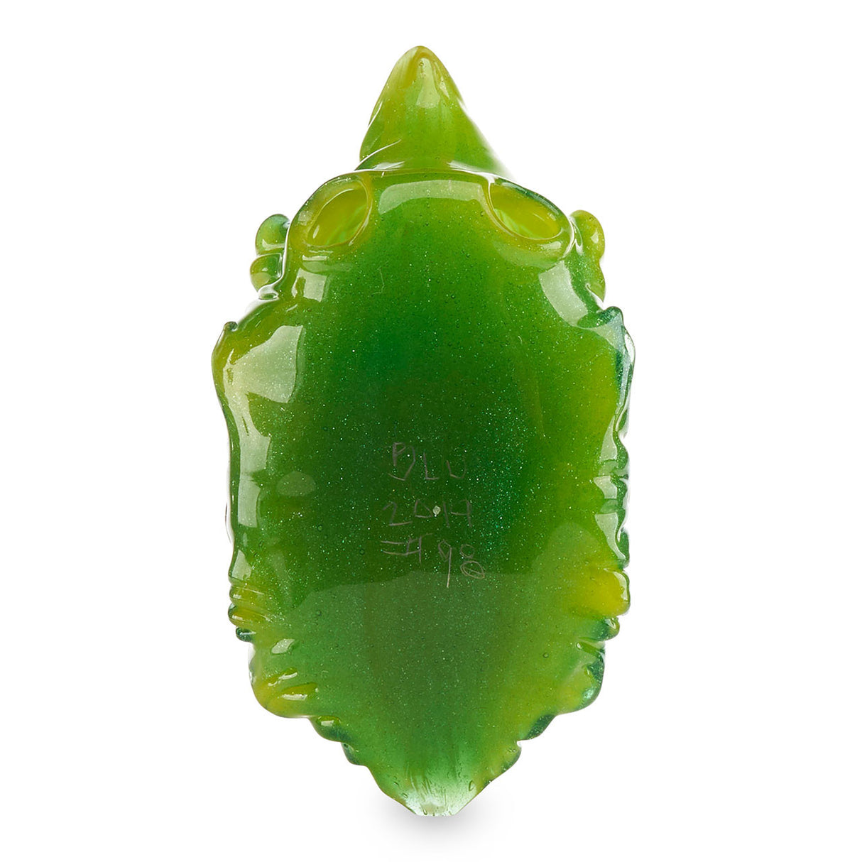 BluSun Glass Wookie Wook Pendant #98 Green Gold Class with Ruby Eyes. Signed and numbered in back by artist John Simpson.