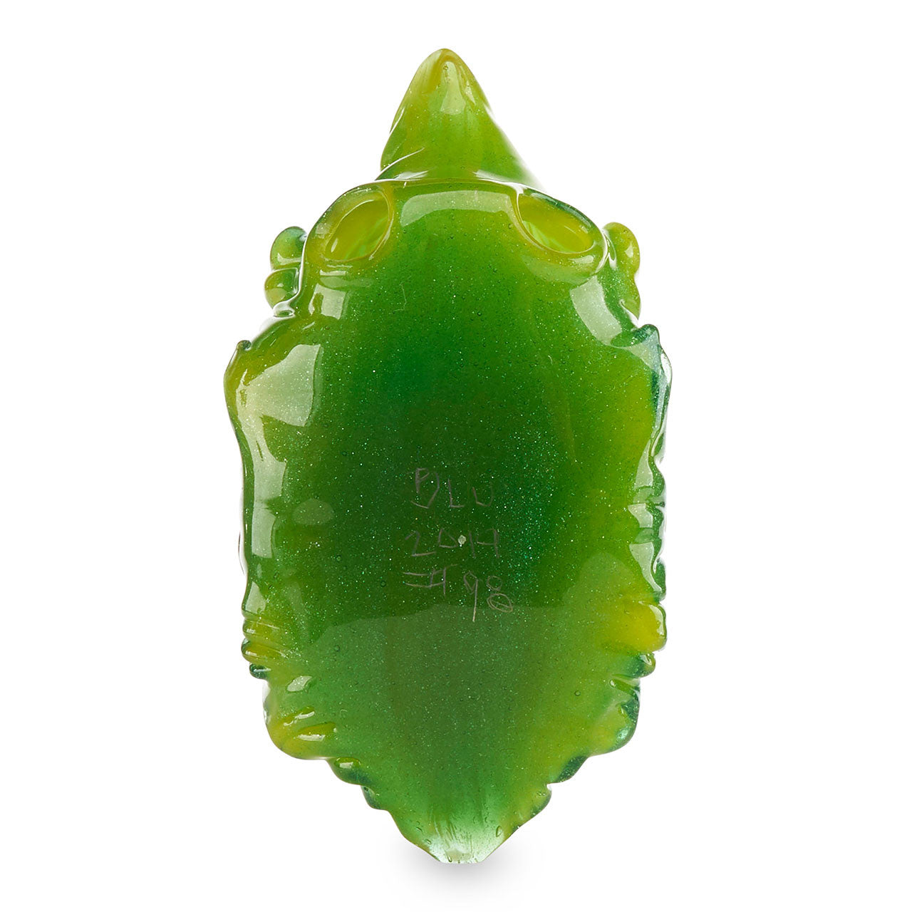 BluSun Glass Wookie Wook Pendant #98 Green Gold Class with Ruby Eyes. Signed and numbered in back by artist John Simpson.