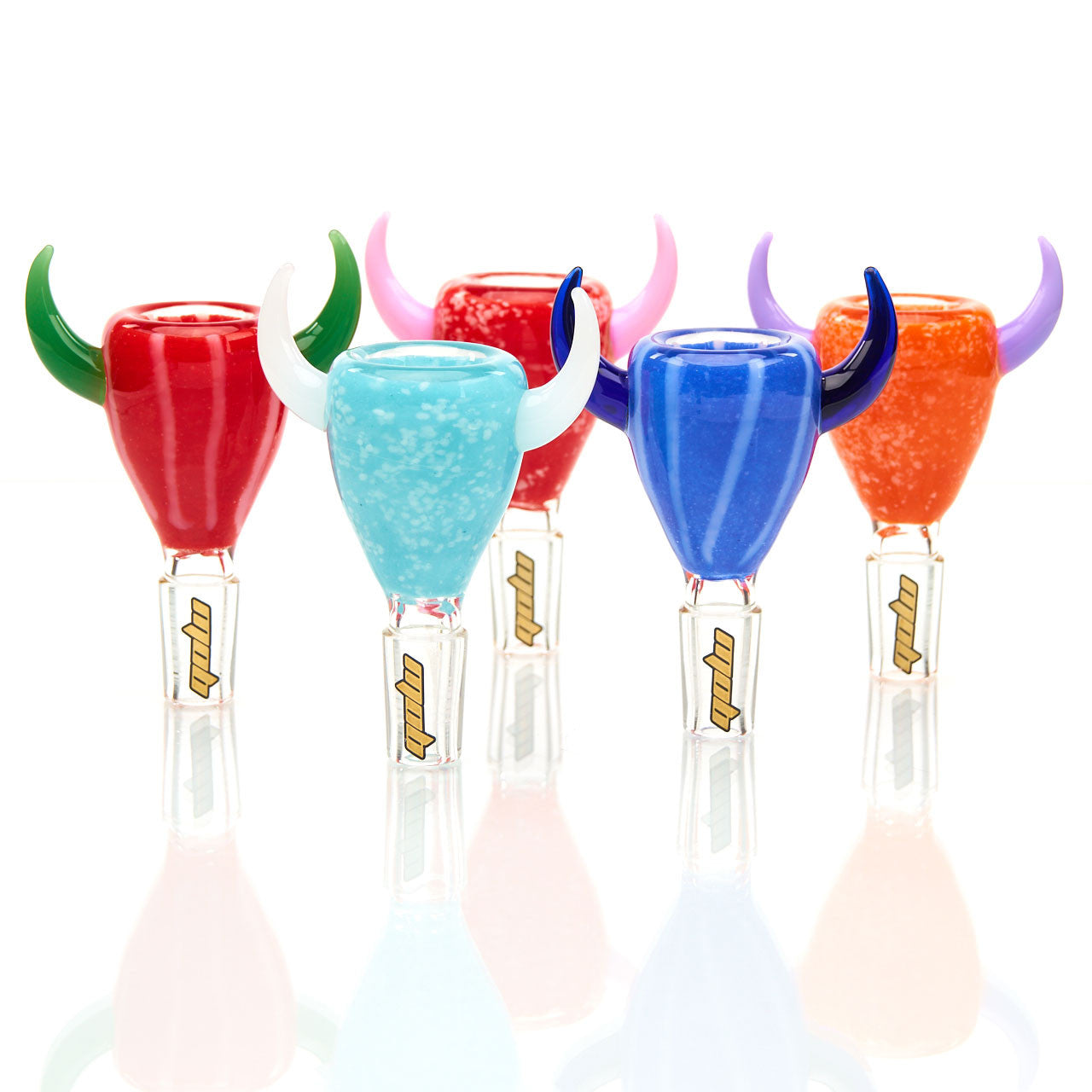 MOB Glass Ram Horn Slide for Water Pipe with 14mm male joint. Color and bright with accented horns on each side.
