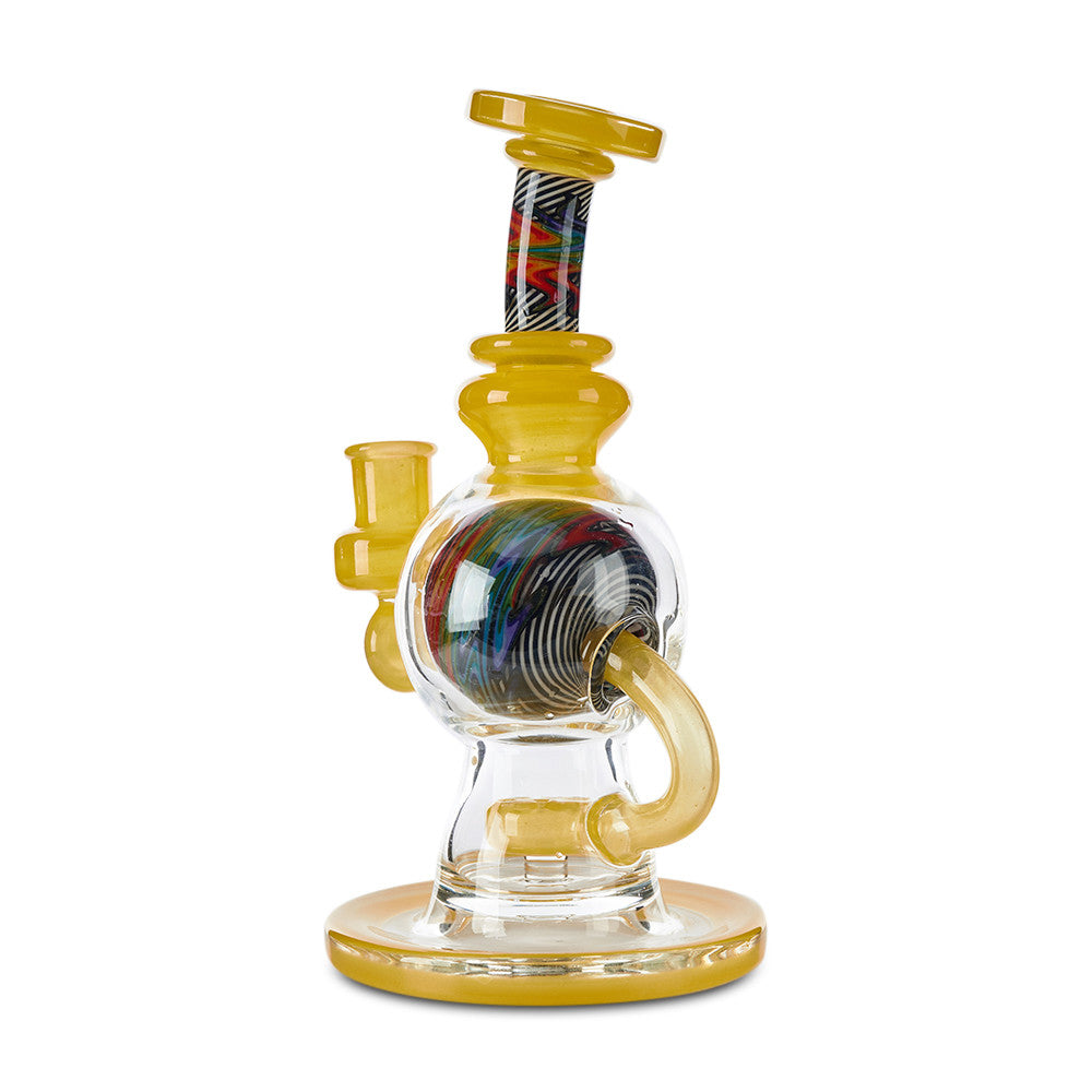 casta glass ball rig recycler with yellow and blue colored glass