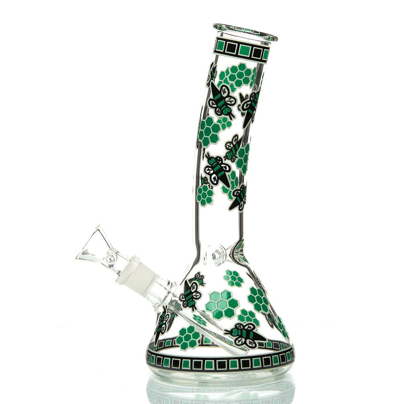 Gambino Bee Beaker Style Water Pipe with Green Glow in the Dark Bees and Honeycombs (allow images)