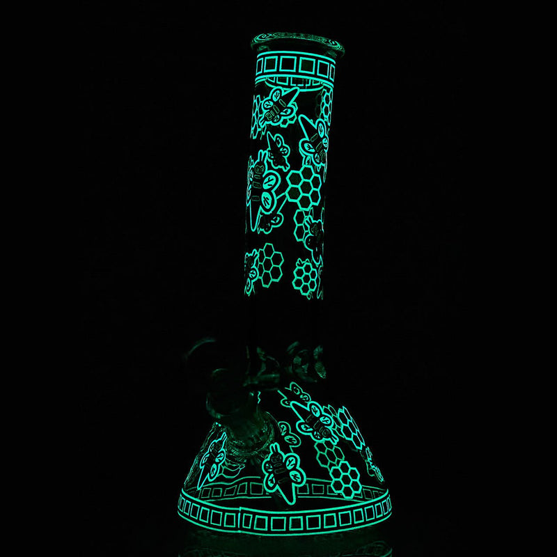 Gambino Bee Beaker Style Water Pipe with Green Glow in the Dark Bees and Honeycombs (allow Images)