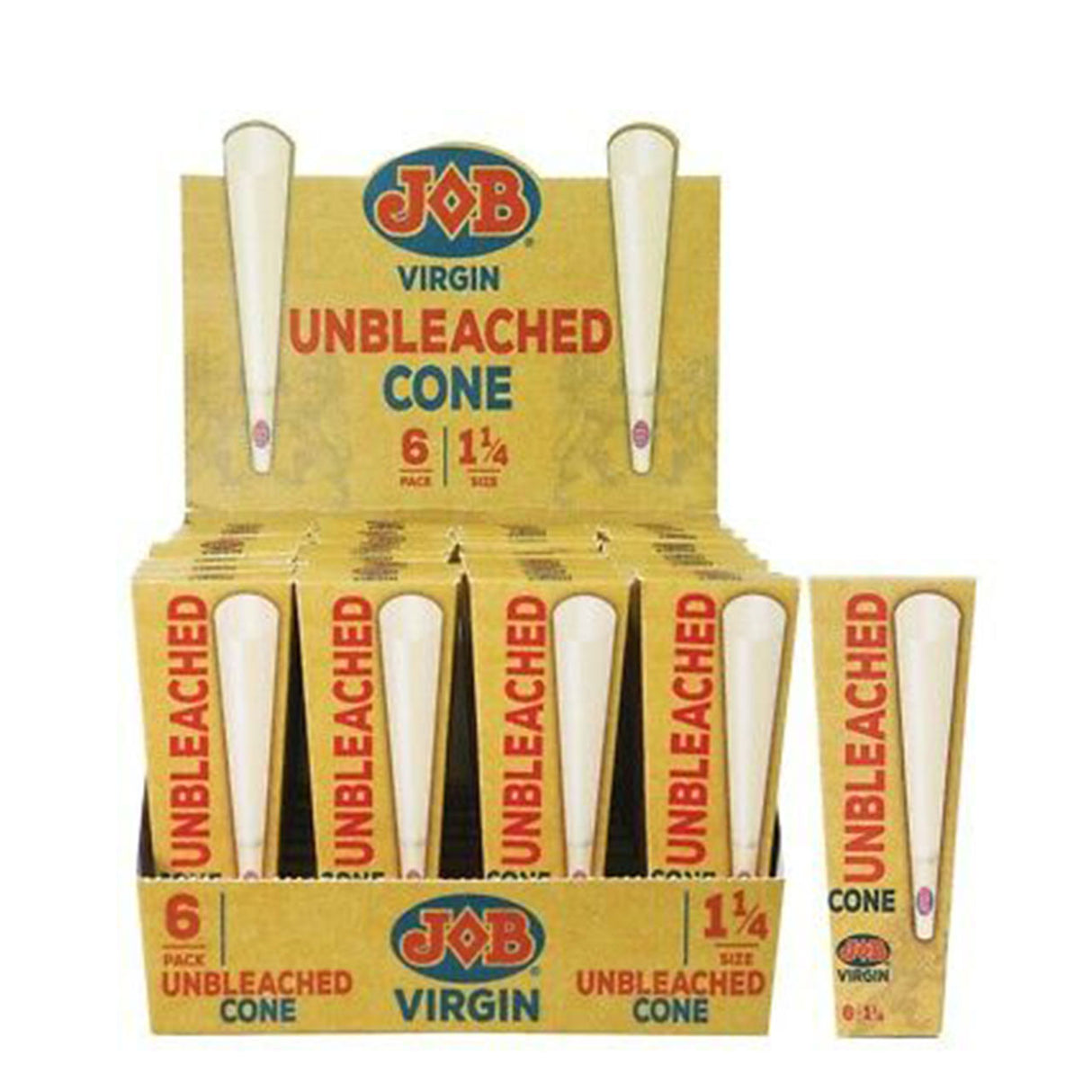Job Virgin Unbleached Pre-Rolled Cones 6  Pack 1 1/4" Box Containing 32 6-packs