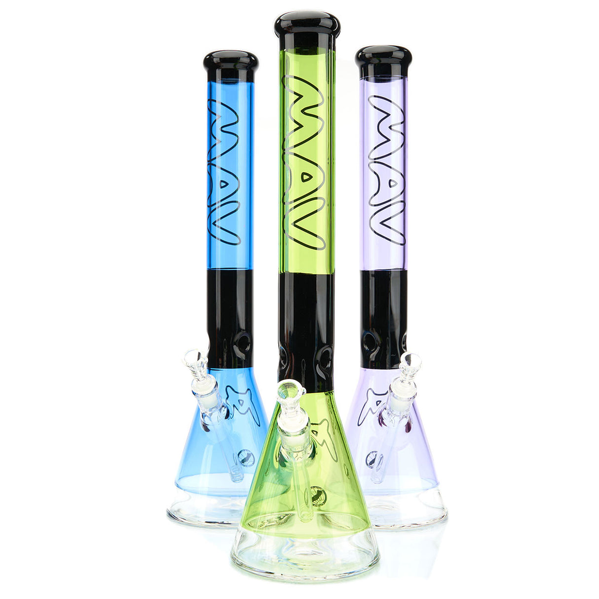 MAV Glass 18-inch beaker straight tube water pipe with two tone color group image with ooze & black, blue & black, and purple & black