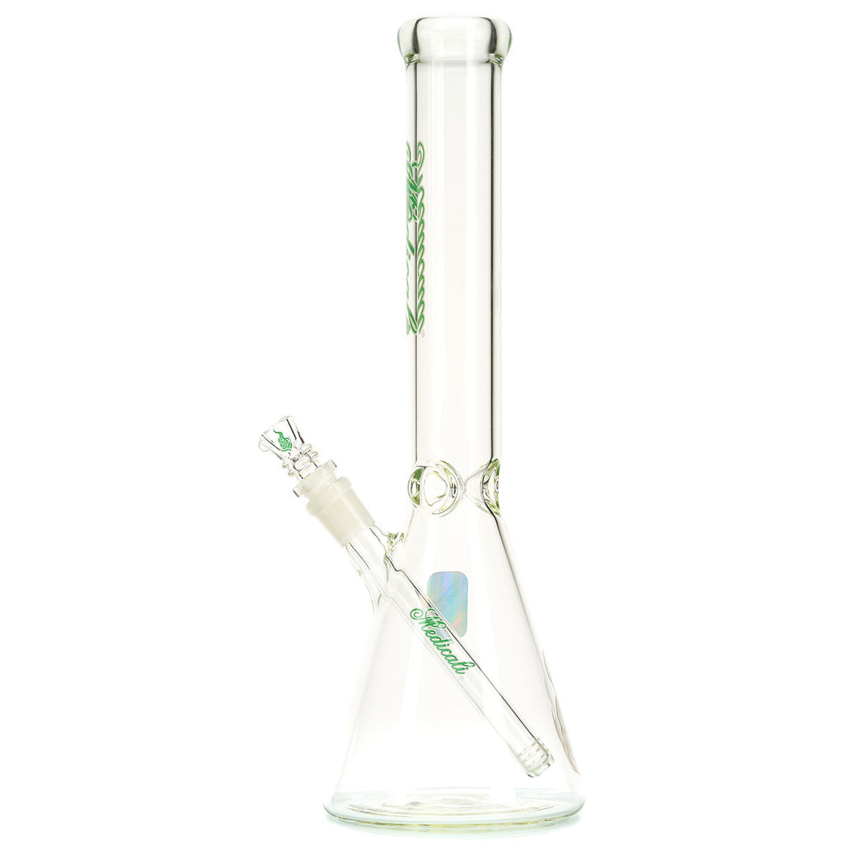 Medicali Green and White Cursive Script 14-Inch Beaker Water Pipe