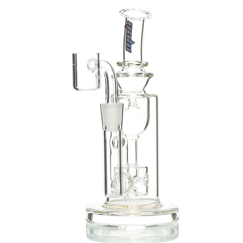 MOB Glass Taurus Recycler Dab Rig 6-inches high with a 2.5-inche base and curved mouthpiece. Clear borosilicate glass