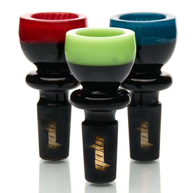 MOB Glass Colored Lip Water Pipe Slide with rich black base and MOB Gold Logo 14mm male groundless joint