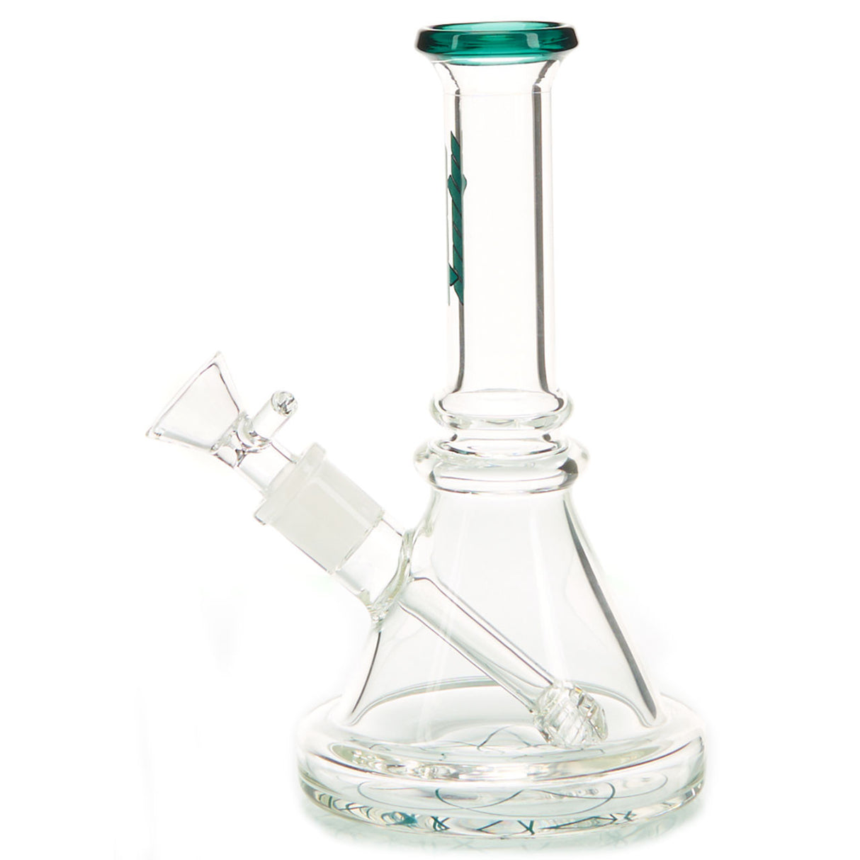 MOB Glass Bruce Beaker Base Water Pipe Approx. 7 inches all with a wide rimmed color accented base and mouthpiece Aqua colored glass