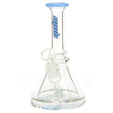 MOB Glass Bruce Beaker Base Water Pipe Approx. 7 inches all with a wide rimmed color accented base and mouthpiece Slime Blue colored glass