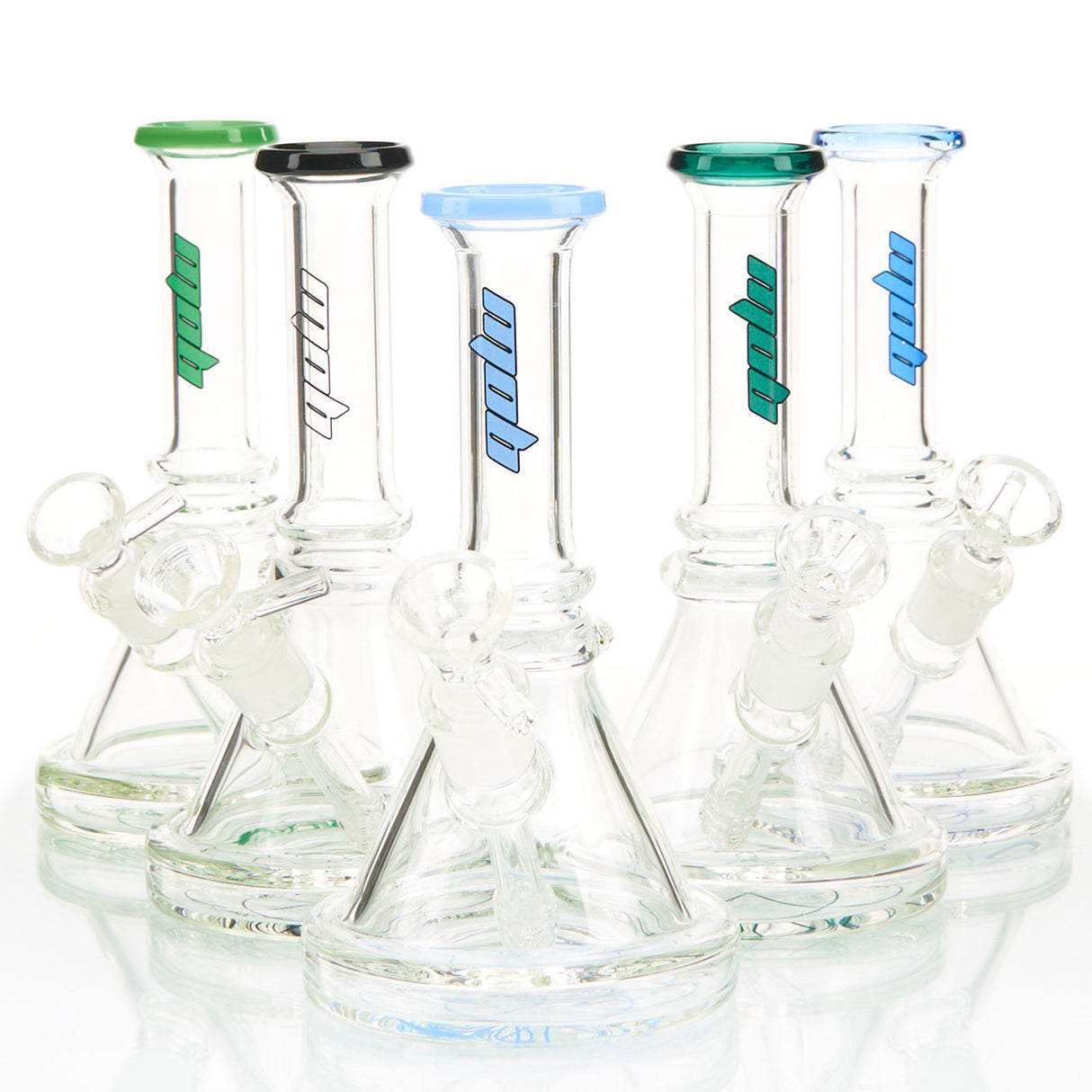 MOB Glass Bruce Beaker Base Water Pipe Approx. 7 inches all with a wide rimmed color accented base and mouthpiece Colors Blue, Green, Black, Forest, Aqua