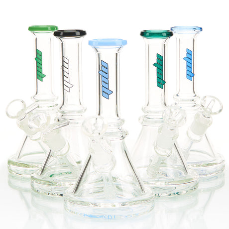 MOB Glass Bruce Beaker Base Water Pipe Approx. 7 inches all with a wide rimmed color accented base and mouthpiece Colors Blue, Green, Black, Forest, Aqua