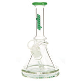 MOB Glass Bruce Beaker Base Water Pipe Approx. 7 inches all with a wide rimmed color accented base and mouthpiece Green colored glass