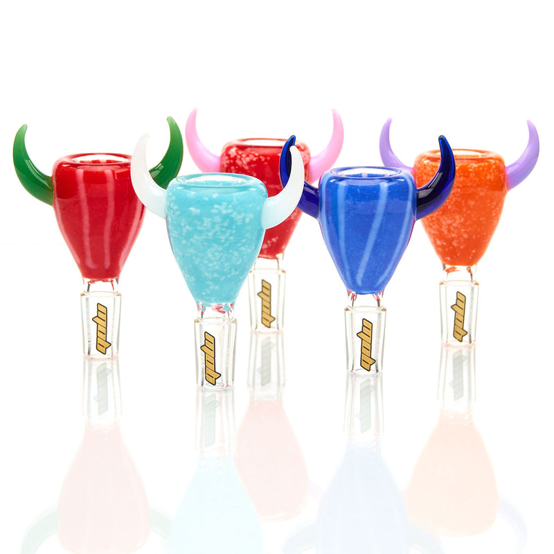 MOB Glass Ram Horn Slide for Water Pipe with 14mm male joint. Color and bright with accented horns on each side.