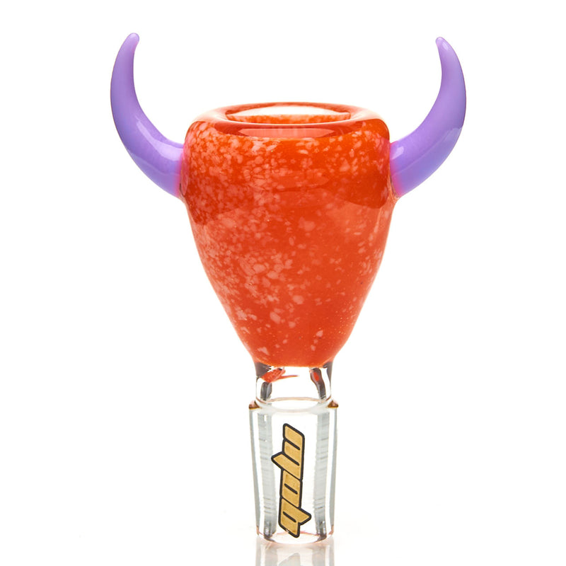 MOB Glass Ram Horn Slide for Water Pipe with 14mm male joint. Color and bright with accented horns on each side.