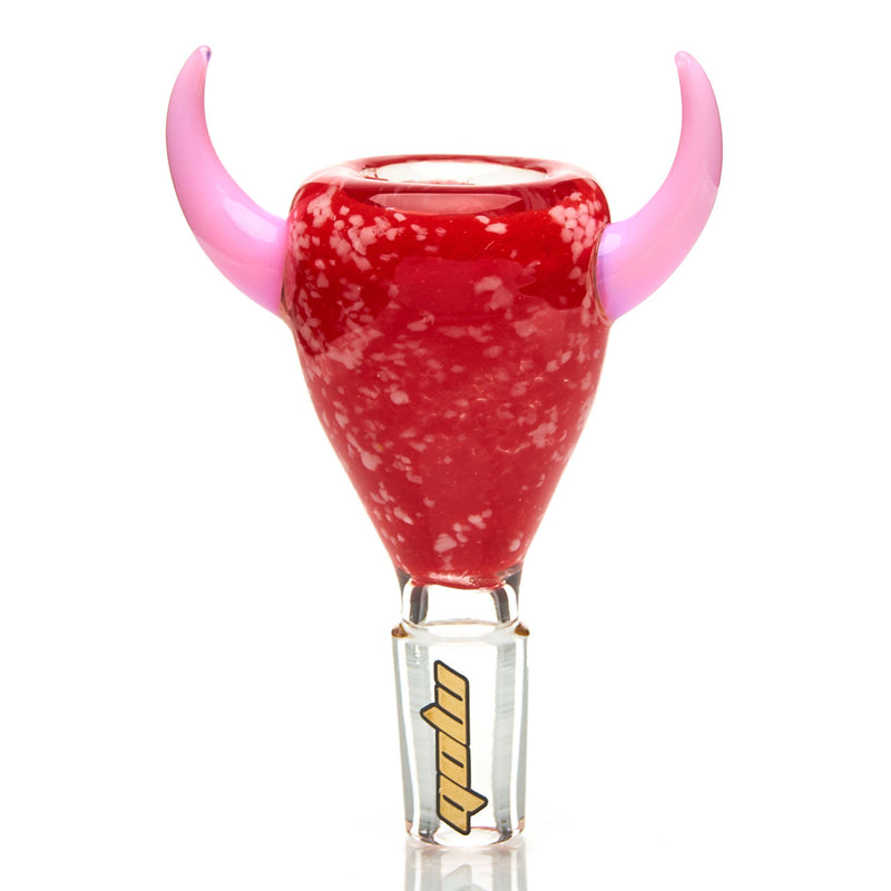 MOB Glass Ram Horn Slide for Water Pipe with 14mm male joint. Color and bright with accented horns on each side.