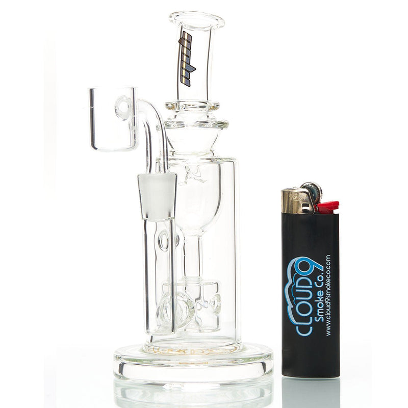 MOB Glass Taurus Recycler Dab Rig 6-inches high with a 2.5-inche base and curved mouthpiece. Clear borosilicate glass