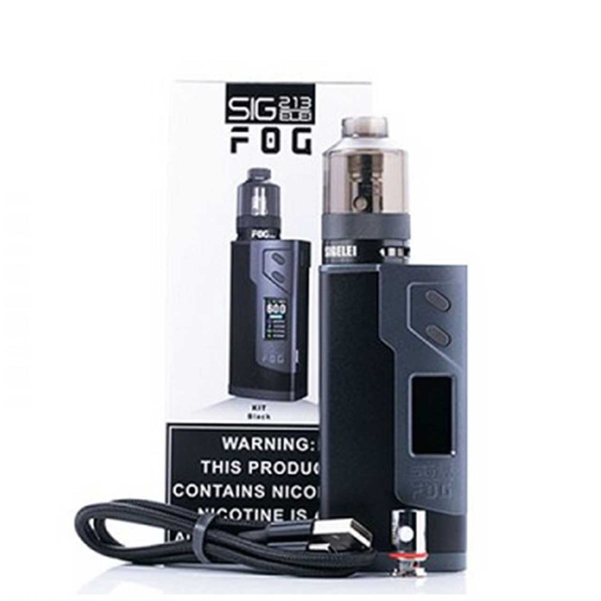 Sigelei 213w FOG Starter Vaping Kit with Black Zinc Alloy Body and Rubberized Black Grip Packaging
