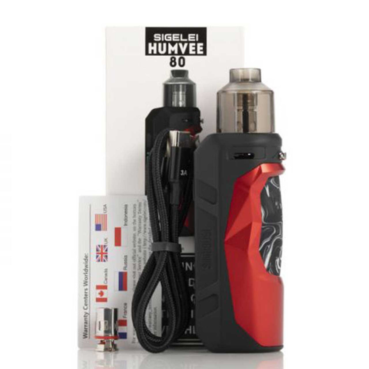 Sigelei HUMVEE 80W Box Mod Starter Kit with zinc-alloy body and rubberized hand grip. Packaging image.