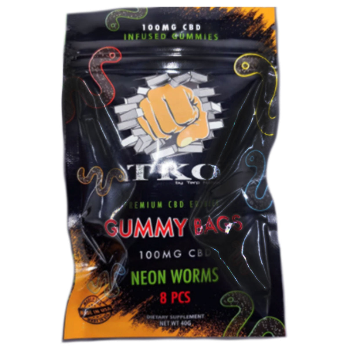 TKO Premium CBD Edibles 8 neon worms per bag at approx. 12.MG each