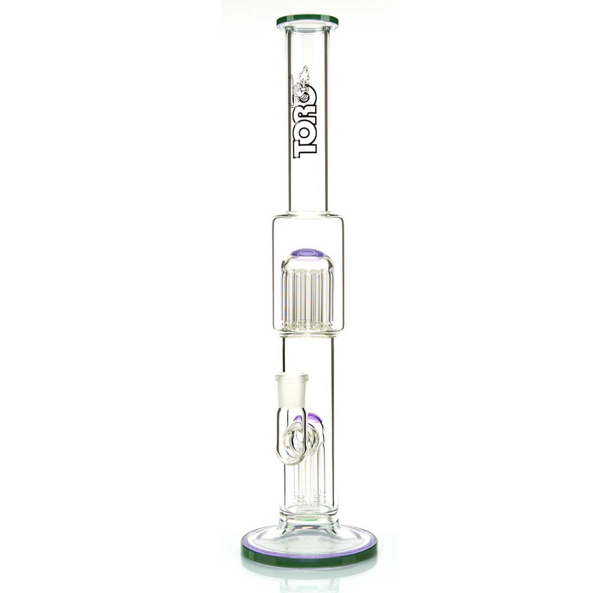 Toro Glass Premium 7 to 13 Full Size Tree Perc Water Pipe with Purple Rain and Forest Green Worked Glass