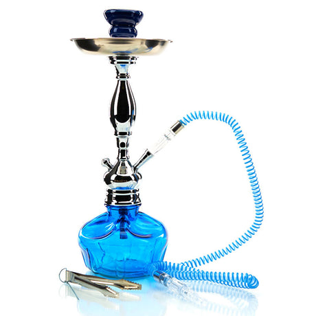 Vadra Caspian Mini Hookah with thick blue glass vase and aluminum stem. Comes with matching ceramic bowl